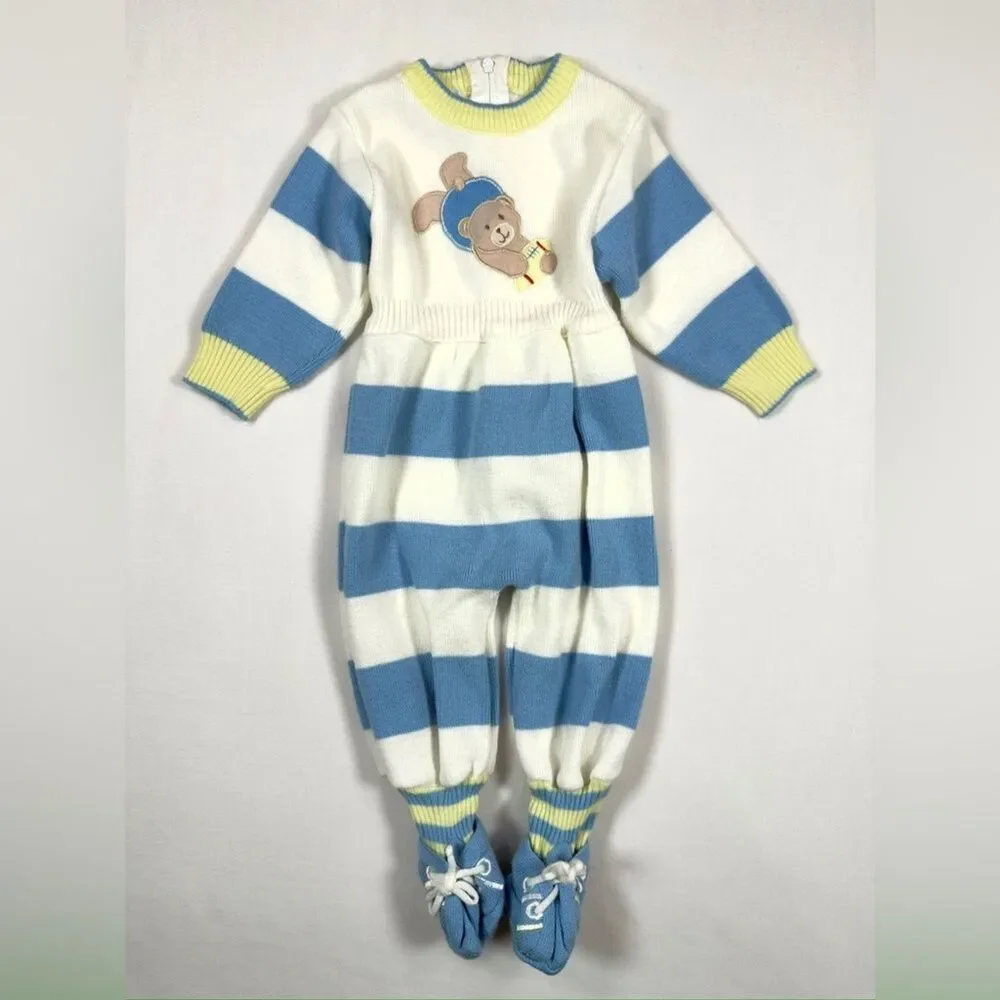 VINTAGE BABYCREST Baby Knit Footed Sweater Romper 3/6M Teddy Bear‎ 70s 80s Rare